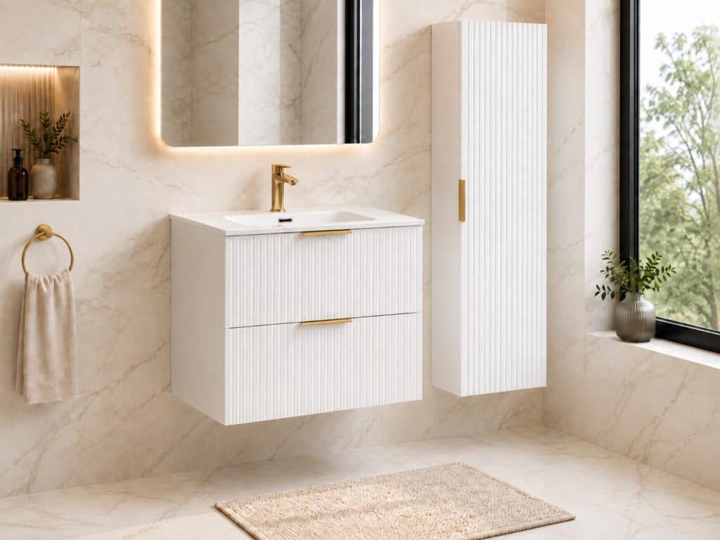 Tall Bathroom Cabinet White Slim Narrow Storage Unit Ribbed Fluted Door Floating Furniture - Adel