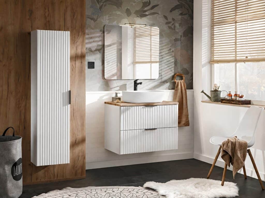 Tall Bathroom Cabinet White Slim Narrow Storage Unit Ribbed Fluted Door Floating Furniture - Adel