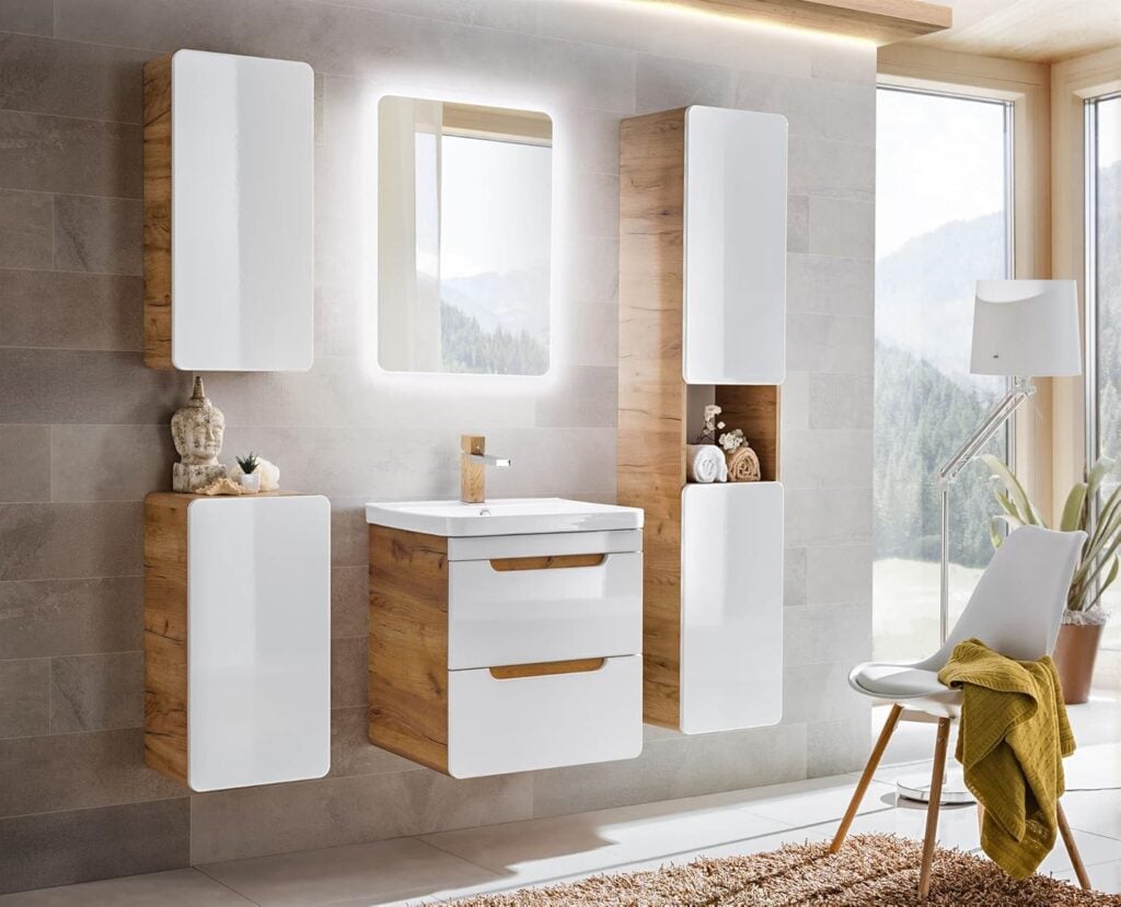 Wall Hung Slimline Bathroom Furniture Set 400mm Vanity Sink Drawer and Storage Cabinets White Gloss Oak - Aruba