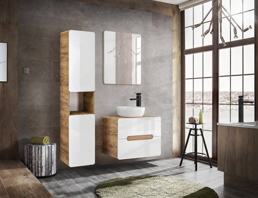 Bathroom Furniture Set Tallboy with Wall Vanity 600mm Countertop Sink Unit Modern White Gloss Oak - Aruba