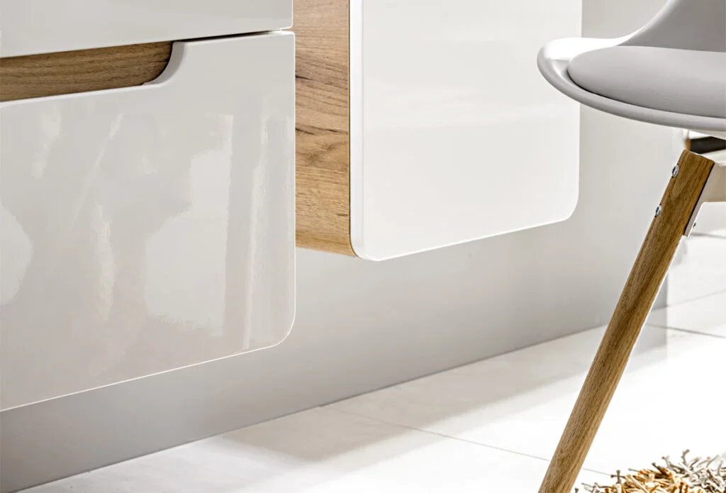 Tall Narrow Bathroom Cabinet Slim Storage Wall Unit Tallboy White Gloss and Oak Modern 25cm Cupboard - Aruba
