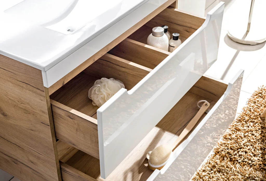 Wall Hung Slimline Bathroom Furniture Set 400mm Vanity Sink Drawer and Storage Cabinets White Gloss Oak - Aruba