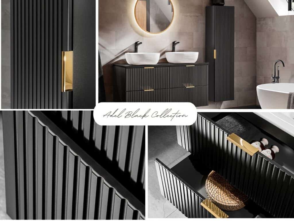 Tall Bathroom Cabinet Black Slim Narrow Storage Unit Ribbed Fluted Floating Tallboy - Adel