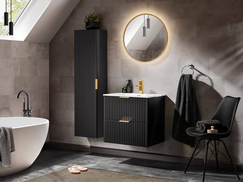 Tall Bathroom Cabinet Black Slim Narrow Storage Unit Ribbed Fluted Floating Tallboy - Adel