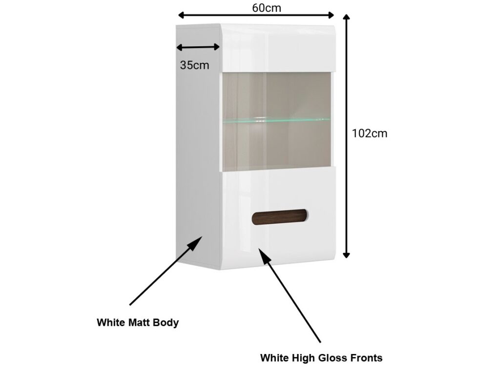 Wall Display Unit Glass Cabinet Modern Floating LED Lights White Gloss Storage - Azteca