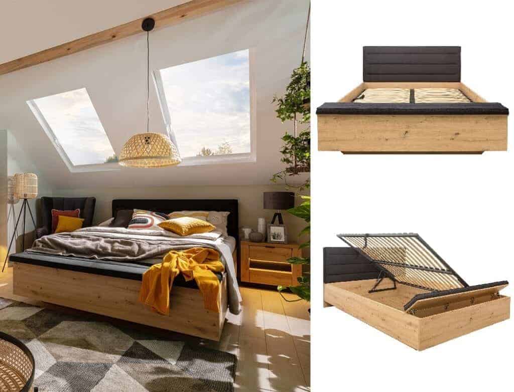 King Size Ottoman Bed Frame Storage Lift Up Blanket Trunk Box Black Padded Headboard Oak Effect Boho Style - Ostia