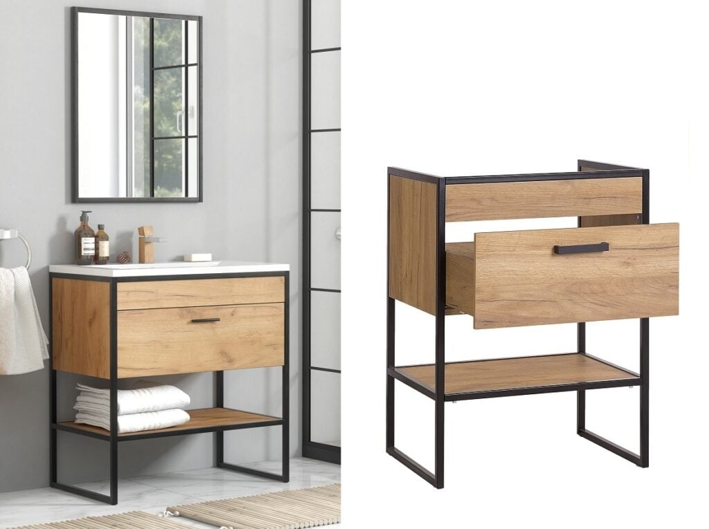 Freestanding Vanity Unit 600mm Oak Bathroom Sink Cabinet with Drawer Loft Industrial Luxury Black Metal - Brooklyn
