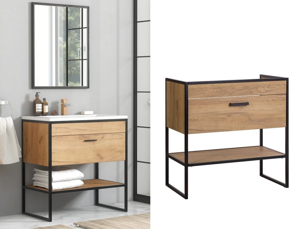 800mm Vanity Unit Floor Standing Oak Bathroom Cabinet with Drawer Loft Industrial Luxury Black Metal - Brooklyn