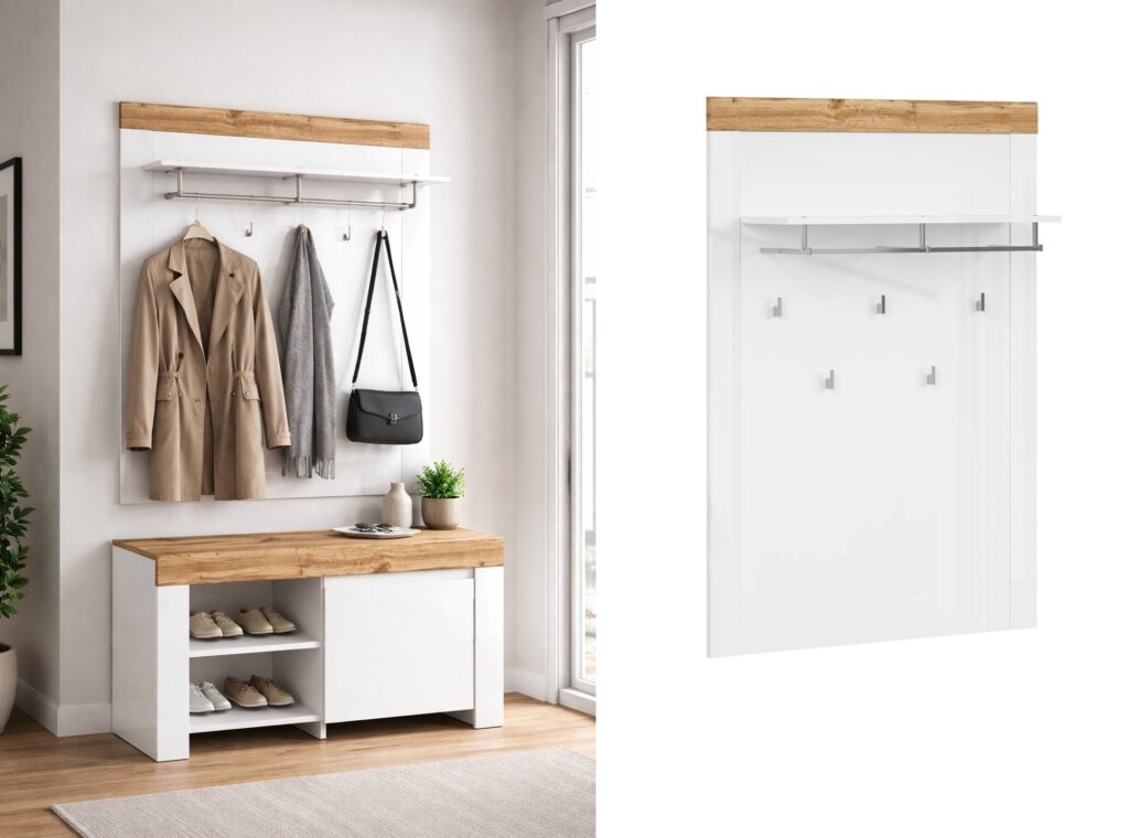 Coat Hooks with Shelf Wall Coat Hanger Panel Slim Storage White Gloss Oak Effect Scandi Hallway - Holten