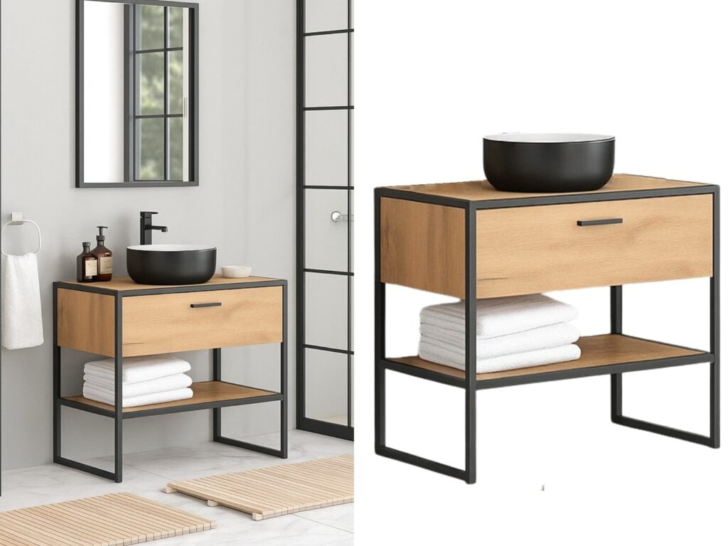 Floor Standing Vanity Unit with Basin 900mm Bathroom Cabinet with Drawer Industrial Loft Black Frame - Brooklyn