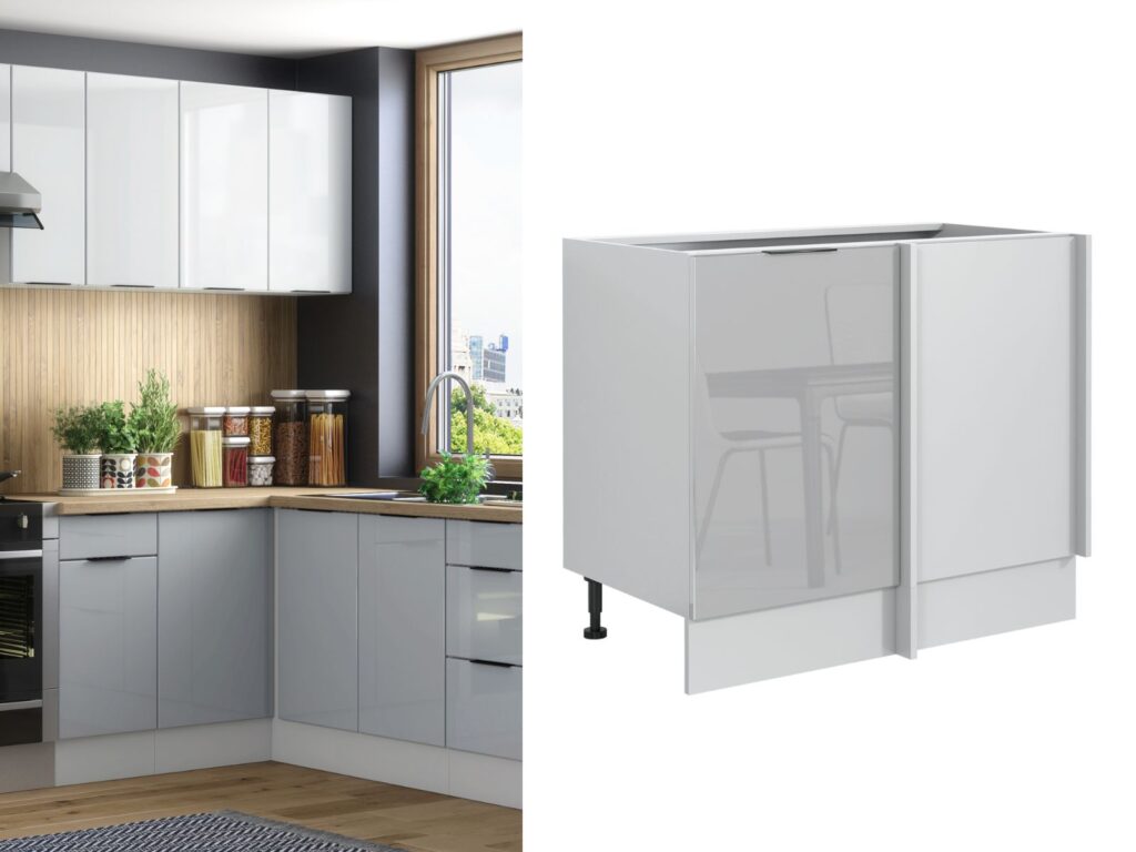 Corner Cabinet Kitchen Cupboard Base Unit Light Grey Gloss Straight Line Corner Storage L R - Star