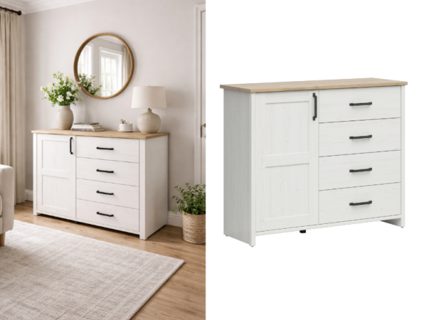 White Scandi sideboard cabinet with one door and four soft closing drawers in a white and pine oak effect finish LOKSA