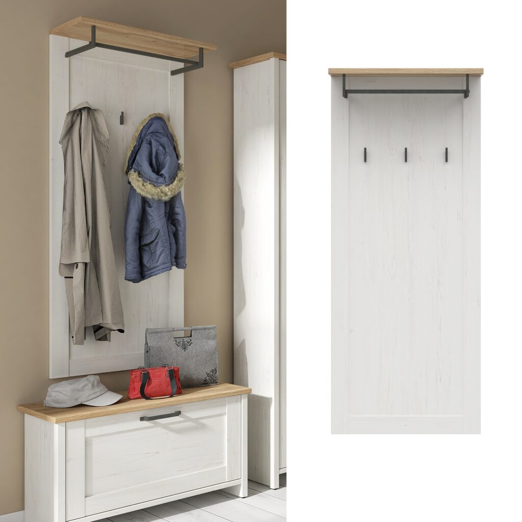Coat Hooks with Shelf Hallway Wall Panel with Hanging Rail Scandi Furniture White Pine and Oak Effect - Loksa