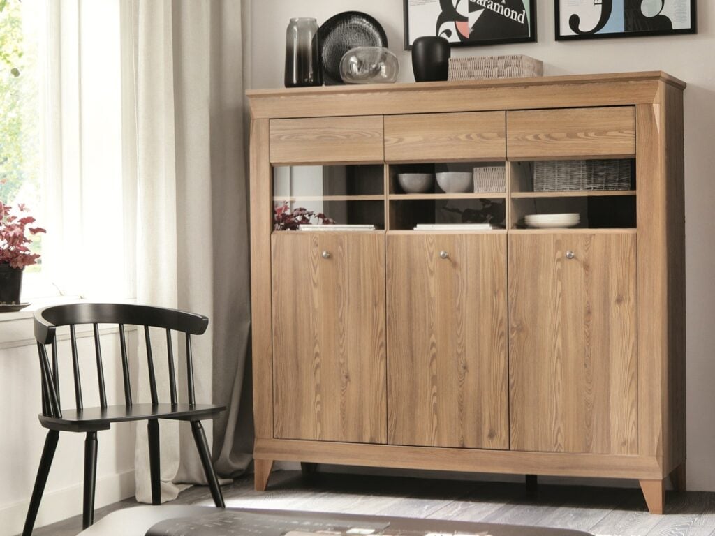 Oak Glass Display Cabinet with Lights Large Sideboard Showcase Wide Dresser Modern Country Light Oak - Bergen