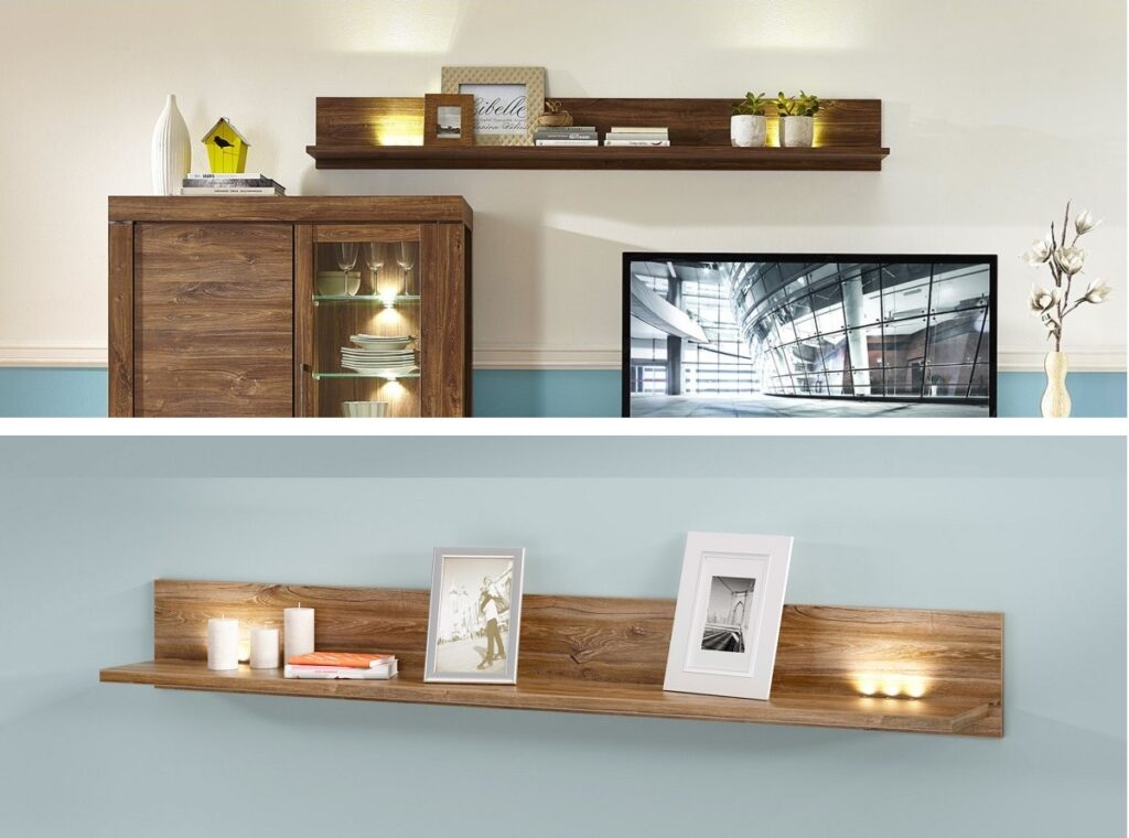 Modern Living Room Furniture Set with Shelf TV Unit Glass Display Cabinet with LED Lights Medium Oak Effect - Gent