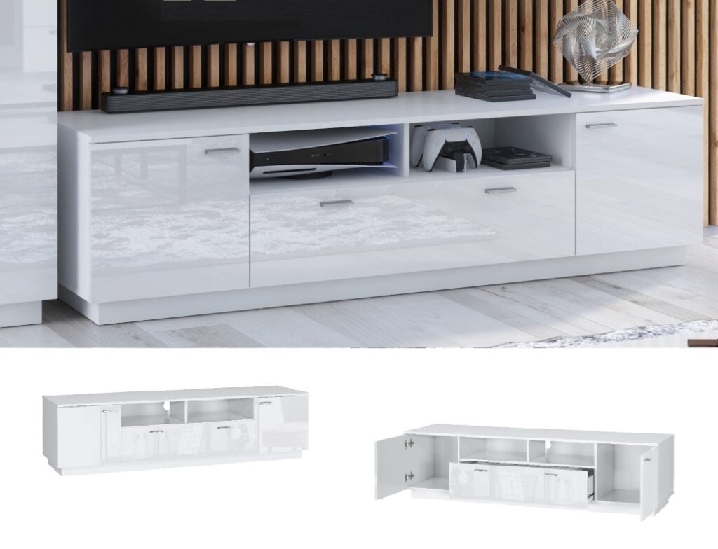 White Gloss TV Unit Modern Cabinet with Storage Wide Media Entertainment Stand – Sol