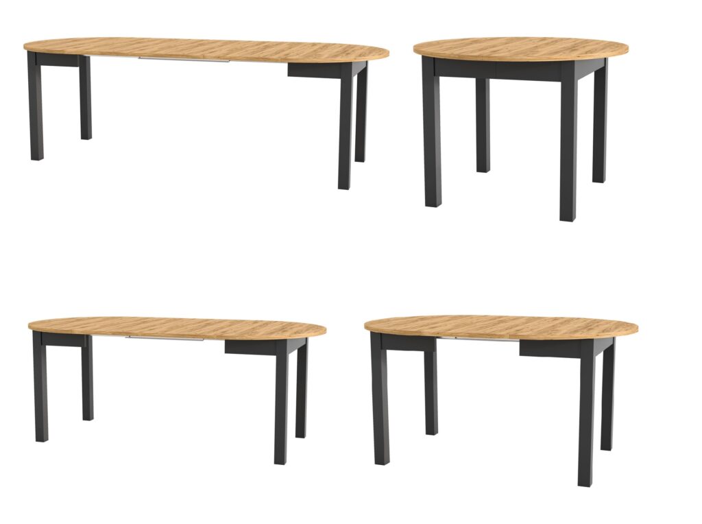 Round Extendable Dining Table Oval Oak Effect Top Black Legs 4 6 8 10 12 Seater Extends 105cm to 240cm – Indus
