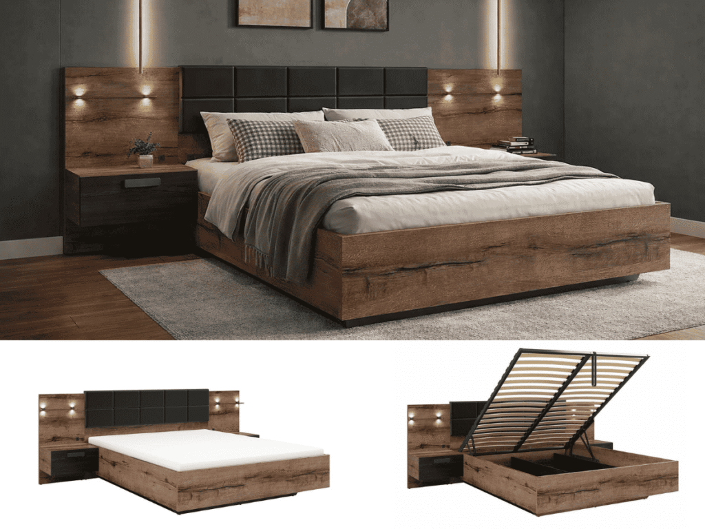 Super King Size Ottoman Bed Frame Built In Bedside Cabinets Underbed Storage USB LED Lights Oak and Black - Kassel