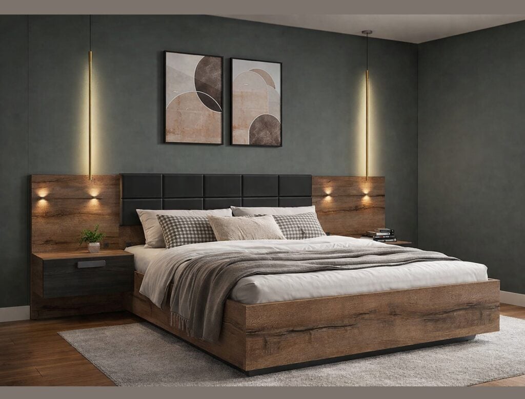 Super King Size Ottoman Bed Frame Built In Bedside Cabinets Underbed Storage USB LED Lights Oak and Black - Kassel