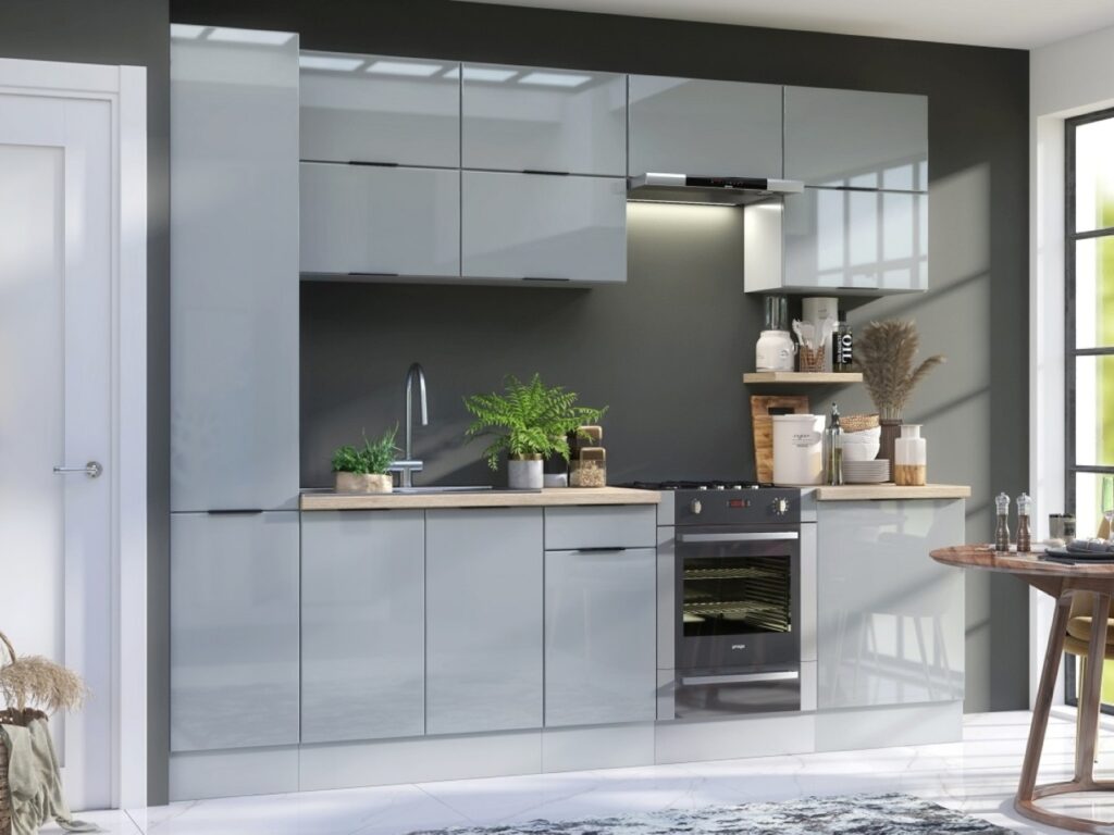 Kitchen Cabinets Cupboards 11 Unit Slim 400 Larder DIY Set 280cm Light Grey Gloss - Star