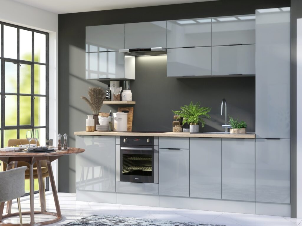 Kitchen Cabinets Set with Oven Housing 7 Unit DIY 220cm Scandinavian Style Cupboards Light Grey Gloss - Star