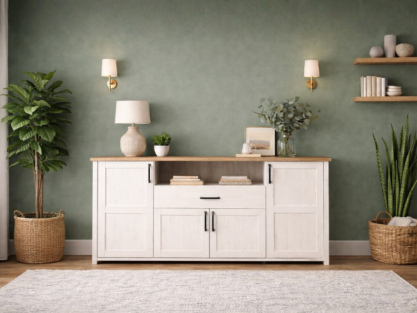 White wooden console cabinet with black hardware and a natural wood top styled in a modern farmhouse design LOKSA