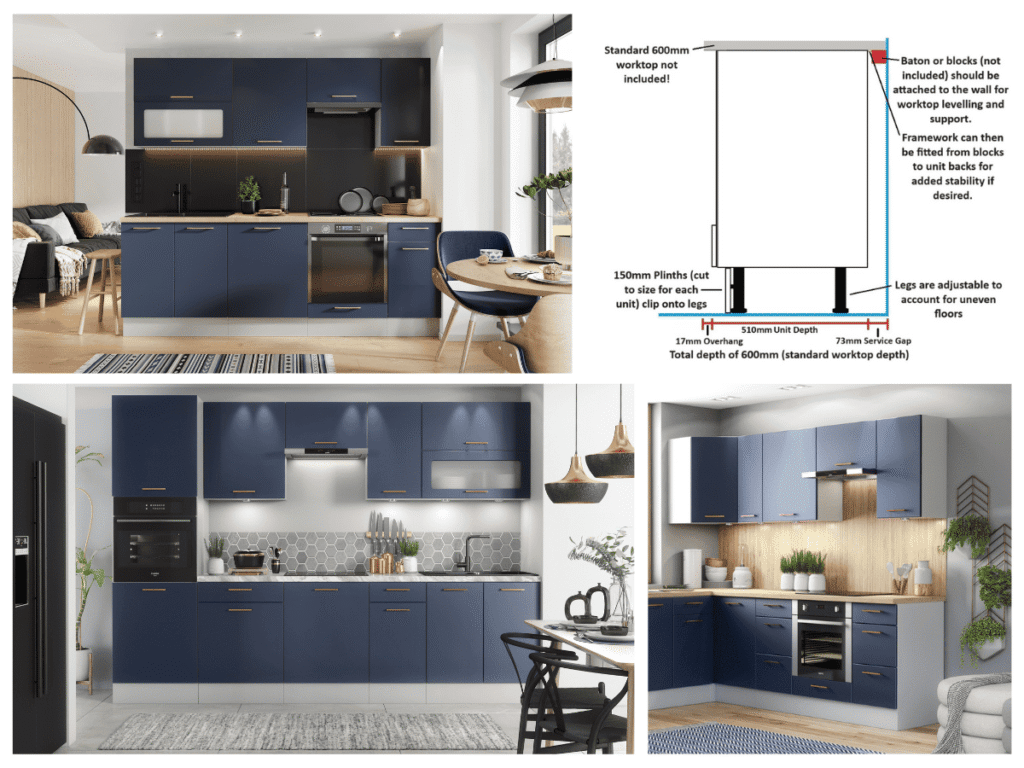 Kitchen Cabinet Pull Out Storage Basket 200mm Unit Navy Dark Blue Freestanding  Base  – Nora