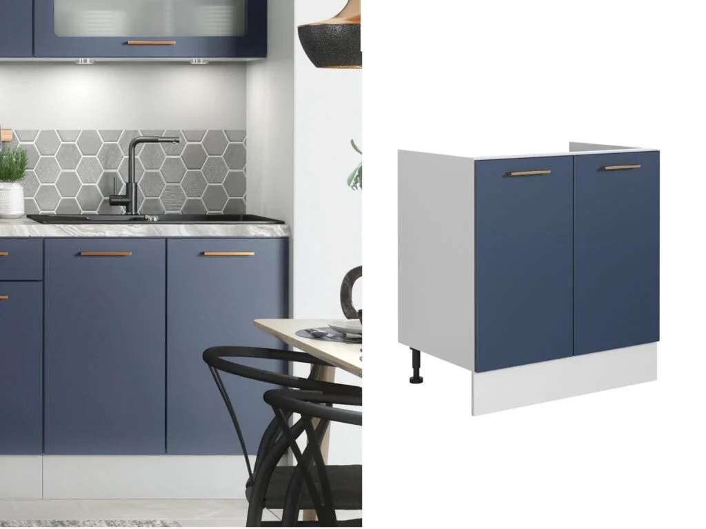 Kitchen Sink Unit Small Under Sink Base Cabinet 800mm Cupboard Free Standing Navy Blue- Nora