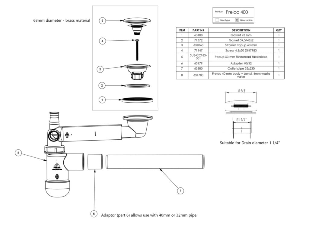 Bathroom Sink Waste Trap Space Saving Telescopic Syphon Slimline Plumb Kit with Chrome Pop Up Click Clack - Preloc