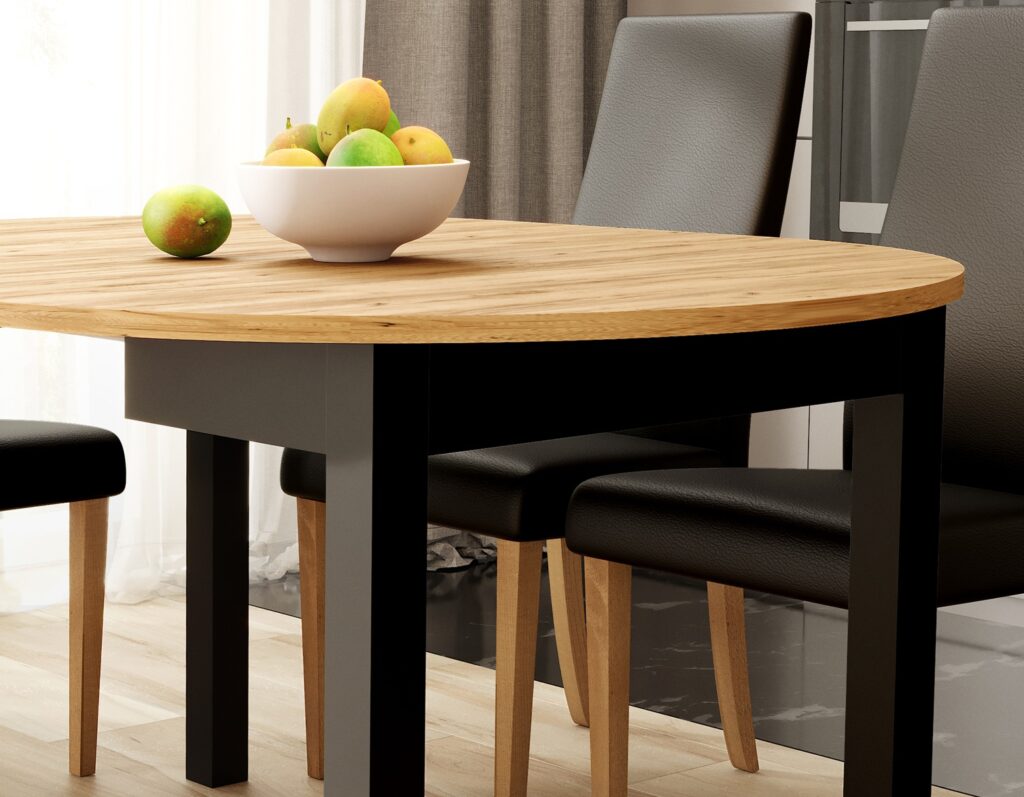 Round Extendable Dining Table Oval Oak Effect Top Black Legs 4 6 8 10 12 Seater Extends 105cm to 240cm – Indus