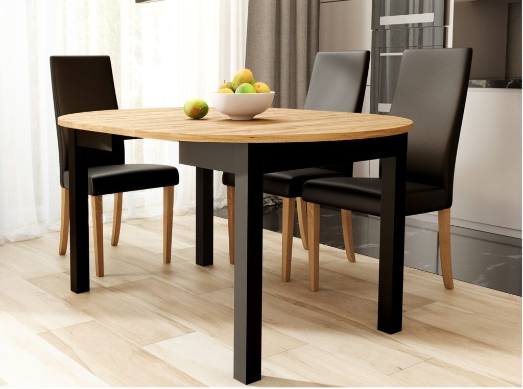 Round Extendable Dining Table Oval Oak Effect Top Black Legs 4 6 8 10 12 Seater Extends 105cm to 240cm – Indus