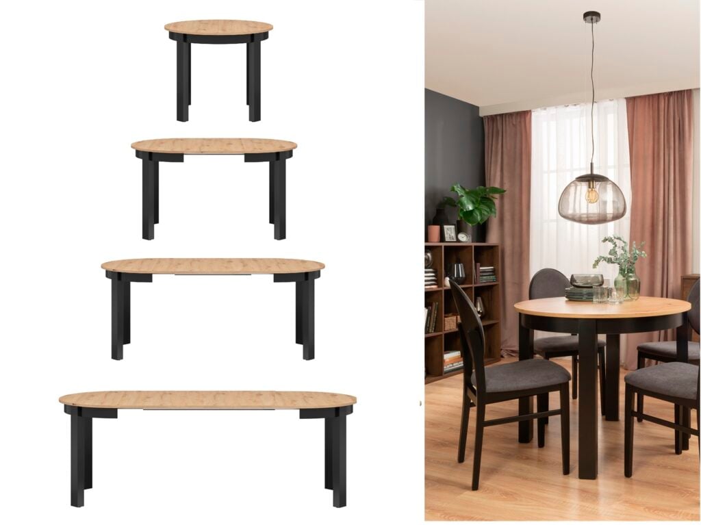 Round Extendable Dining Table Oval Oak Effect Top Black Legs 4 6 8 10 12 Seater Extends 105cm to 240cm – Indus