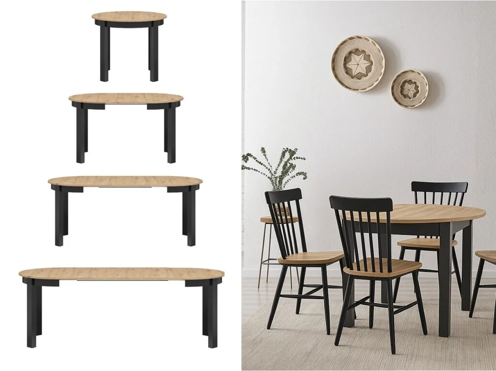 Round Extendable Dining Table Oval Oak Effect Black Legs Kitchen 4 to 12 Seater Extending 105cm to 240cm – Indus