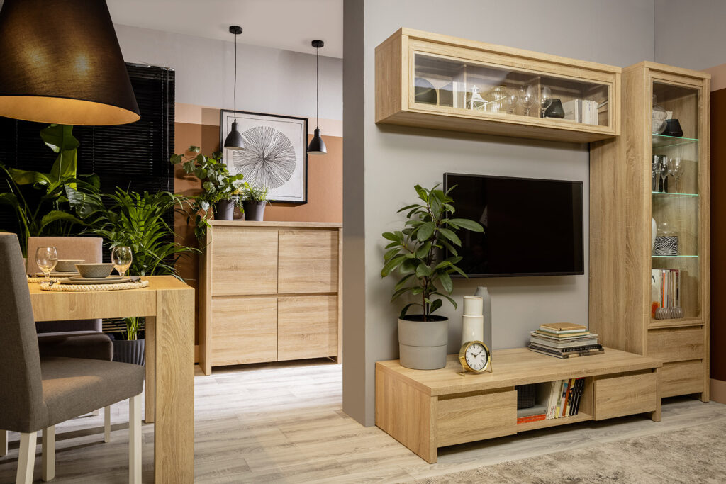 Modern Living Room Furniture Set Sonoma Oak TV Stand Sideboard Glass Cabinet Wall Shelf - Kaspian