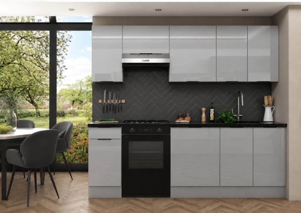 Kitchen Cabinets Cupboards 7 Unit DIY Set 240cm Scandinavian Style Light Grey Gloss - Star