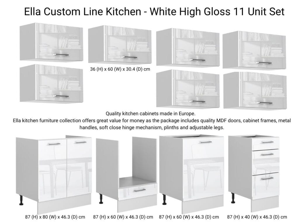Modern White High Gloss Kitchen Cabinets Cupboards Set of 11 Units Complete Modular 240cm DIY Kitchen - Ella
