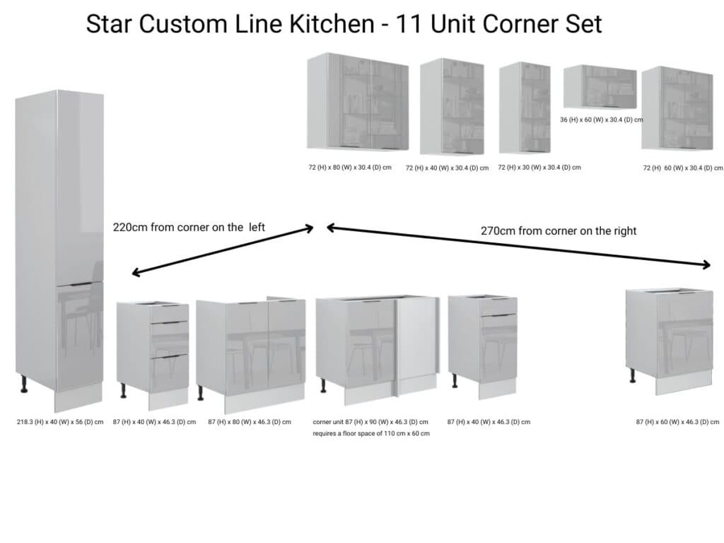 Kitchen Corner Cabinets L Shaped Set of 11 Units with Slim Larder Cupboard Light Grey Gloss - Star
