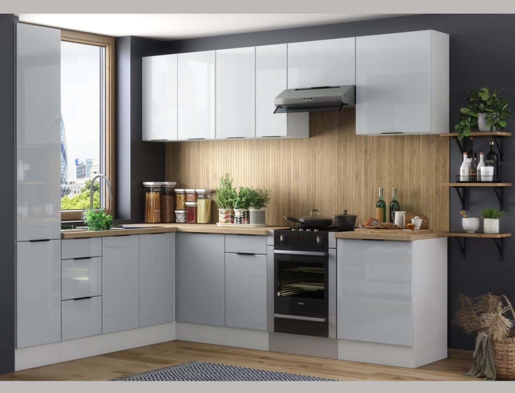 Kitchen Corner Cabinets L Shaped Set of 11 Units with Slim Larder Cupboard Light Grey Gloss - Star