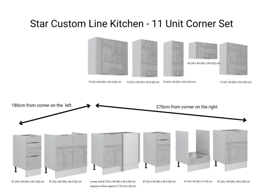 Kitchen Corner Cabinets L Shaped Set of 11 Cupboards with Oven Housing Unit Light Grey Gloss - Star
