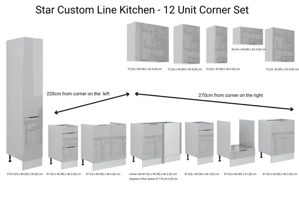 Kitchen Corner Cabinets L Shaped Set of 12 Units Larder Cupboard Oven Housing Light Grey Gloss - Star