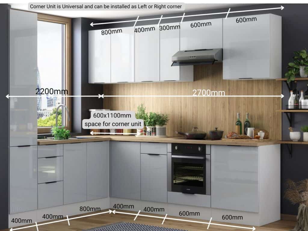 Kitchen Corner Cabinets L Shaped Set of 12 Units Larder Cupboard Oven Housing Light Grey Gloss - Star