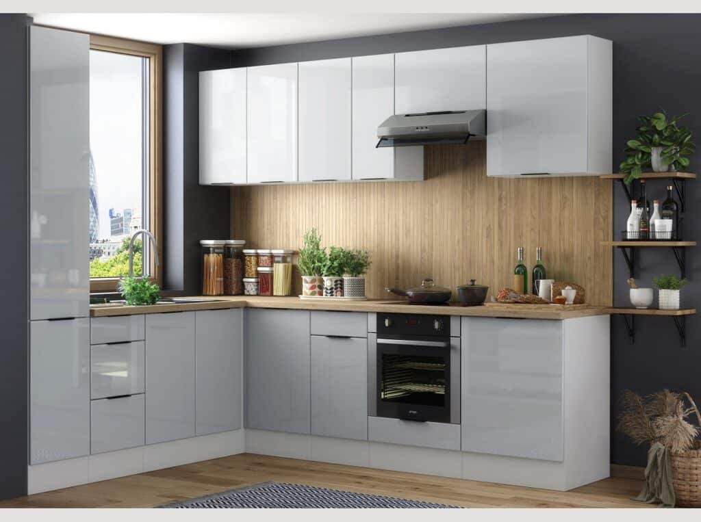 Kitchen Corner Cabinets L Shaped Set of 12 Units Larder Cupboard Oven Housing Light Grey Gloss - Star
