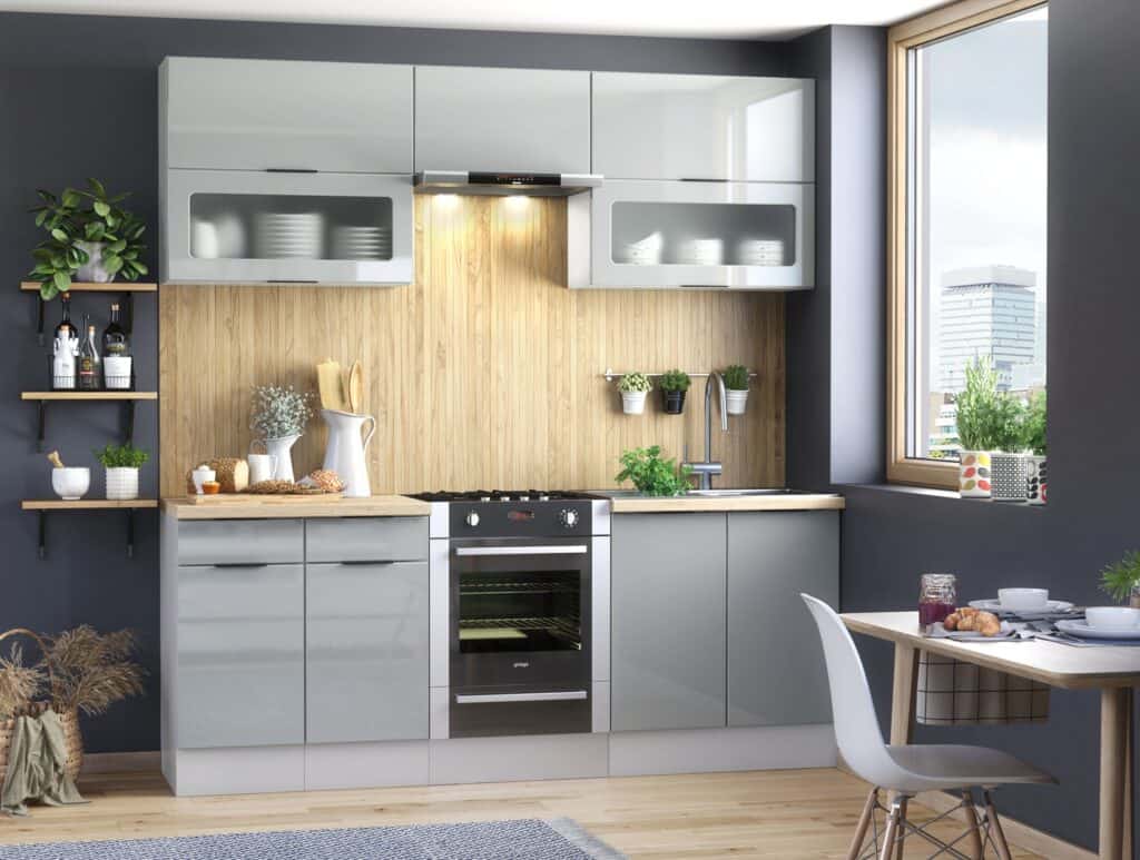 Kitchen Cabinets 6 Unit Cupboards Set 220cm DIY Fitted Package Light Grey Gloss - Star