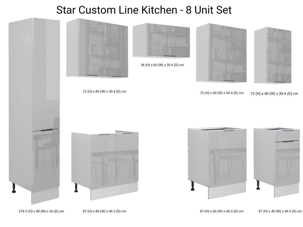 Kitchen Cabinets 8 Unit Set with Slim Larder 280cm Modern Style Light Grey Gloss - Star