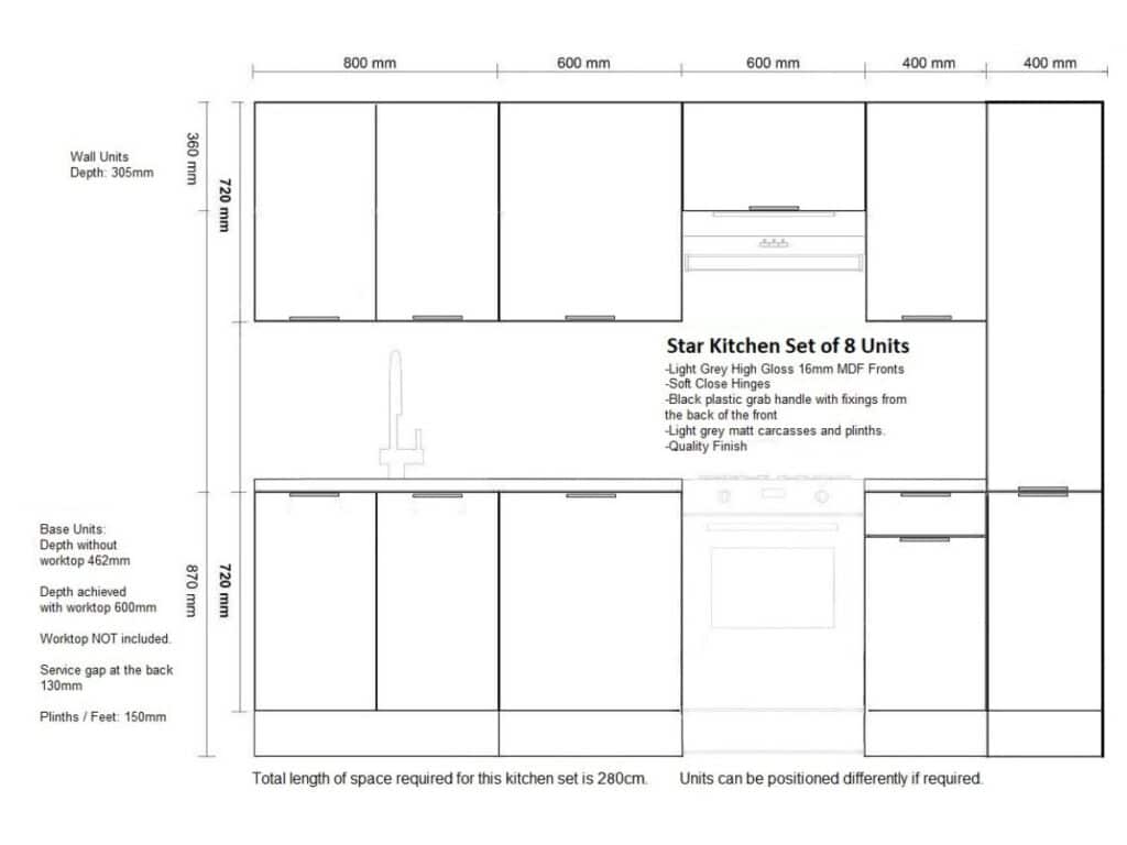 Kitchen Cabinets 8 Unit Set with Slim Larder 280cm Modern Style Light Grey Gloss - Star