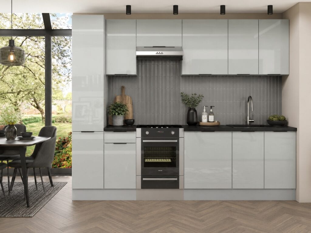 Kitchen Cabinets 8 Unit Set with Slim Larder 280cm Modern Style Light Grey Gloss - Star
