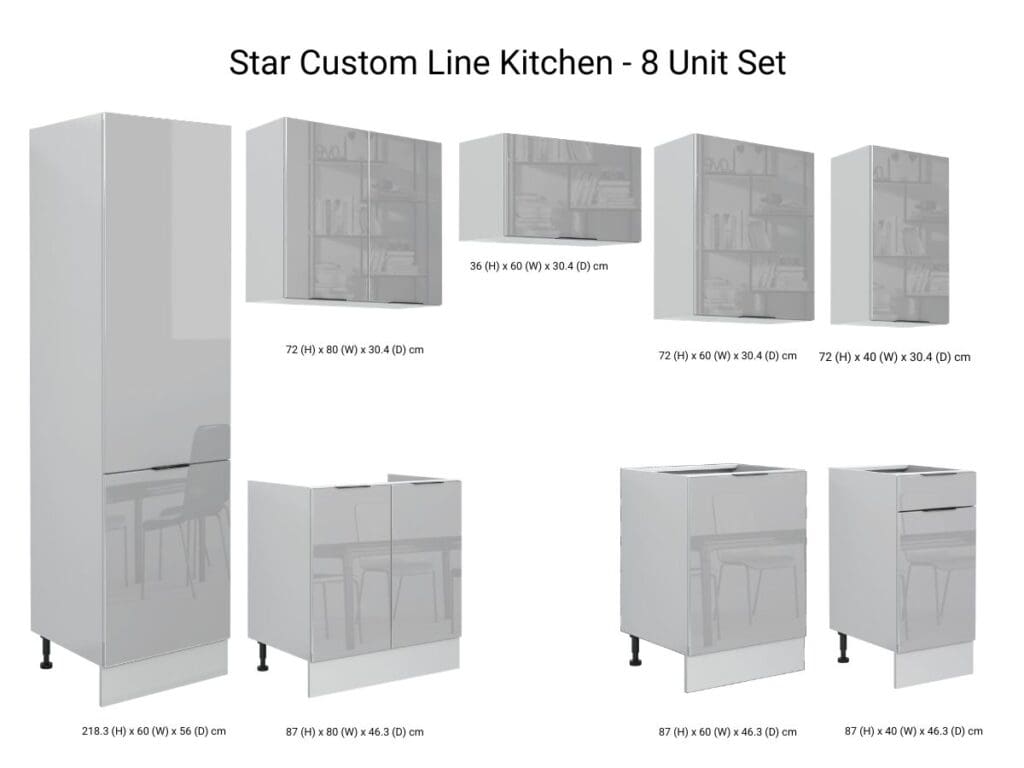 Kitchen Cabinets Set 8 Units with 600mm Larder Cupboard Modern Light Grey Gloss 300cm Set - Star