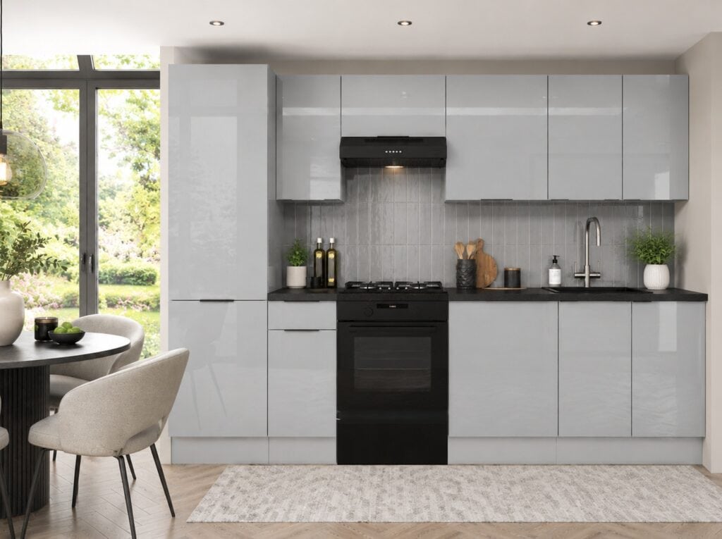 Kitchen Cabinets Set 8 Units with 600mm Larder Cupboard Modern Light Grey Gloss 300cm Set - Star