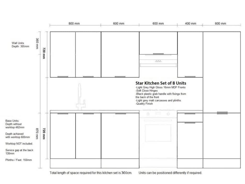 Kitchen Cabinets Set 8 Units with 600mm Larder Cupboard Modern Light Grey Gloss 300cm Set - Star