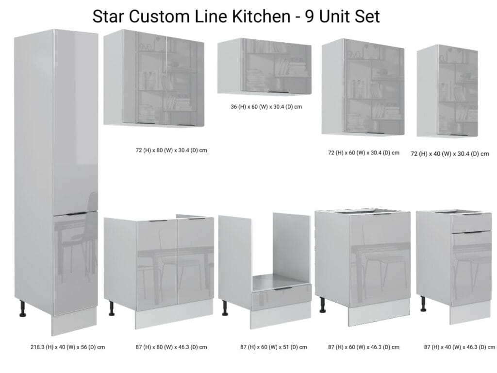 Kitchen Cabinets 9 Unit Set with Oven Housing Slim 40cm Larder Light Grey Gloss - Star